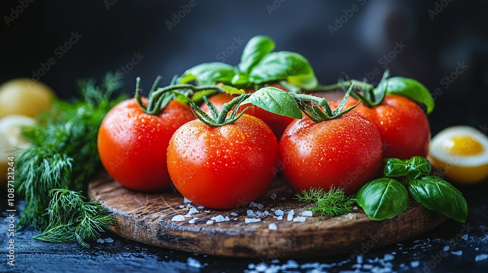 Aufkleber fresh cherry tomatoes on the vine nestled with sprigs of basil and dill on a rustic wooden surface w