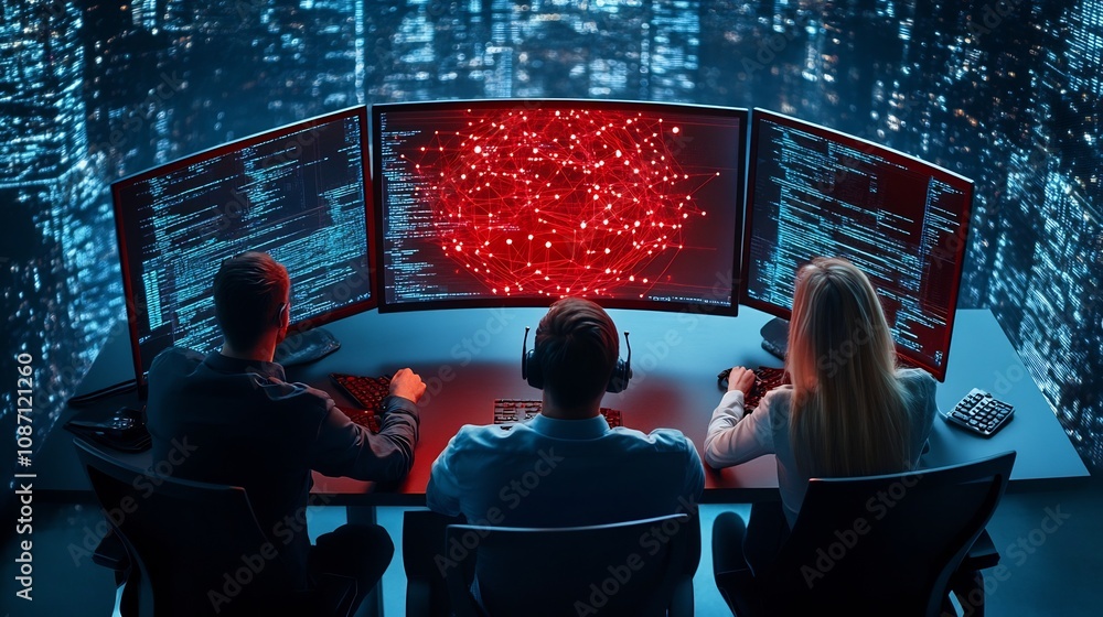 Poster cybersecurity team monitoring digital data protection system in futuristic control room