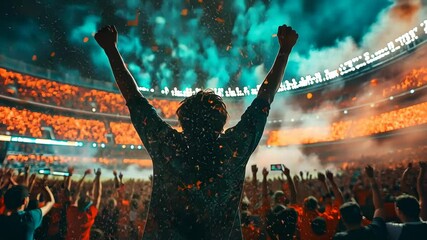 A football fan with raised arms celebrating a victory among a jubilant crowd in a modern stadium, highlighting the exhilaration, camaraderie, and passion of sports spectators. Video