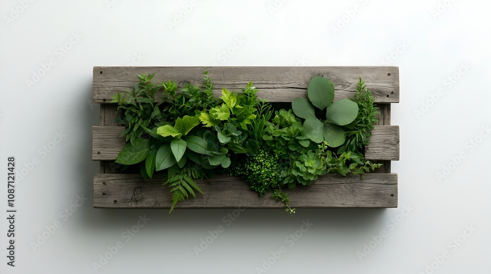 Poster reclaimed wooden planter box featuring a curated collection of thriving greenery trailing vines and 