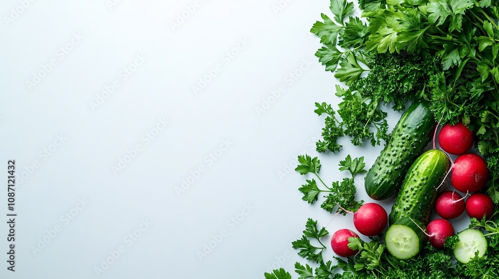 Poster Close-up of fresh cucumbers and radishes paired with a bunch of flat-leaf parsley displayed on a clean white background with side empty space for text Stockphoto style