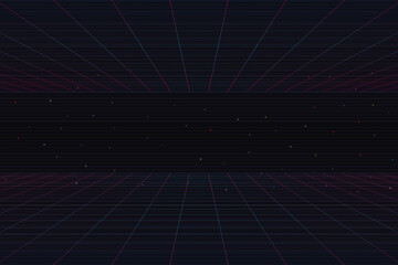 Retro Futurism Sci-Fi Background. glowing neon grid. and stars from vintage arcade computer games