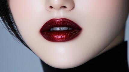 Fototapeta premium A woman's face with red lipstick and a black necktie