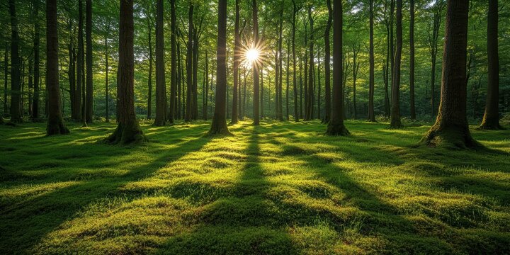 A breathtaking view of lush, green forest with sunlight filtering through tall trees, casting long, serene shadows on the vibrant mossy forest floor