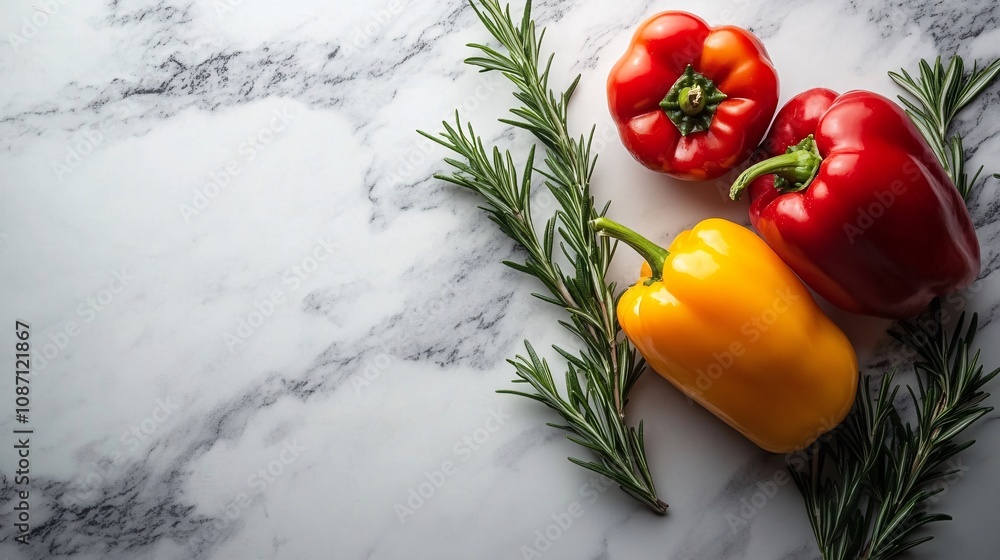 Poster mixed organic bell peppers with a bundle of rosemary placed elegantly on a marble countertop with si