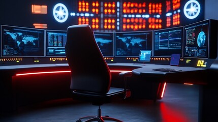 Futuristic Dark Control Room with Cybersecurity Data Analytics Dashboard and LED Lighting