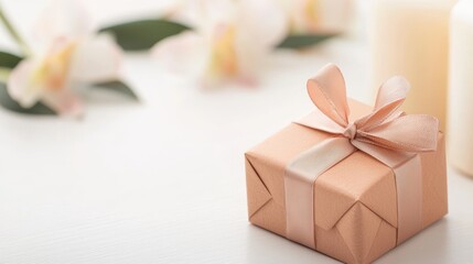 Elegant Gift Box with Soft Ribbon A close-up of a beautifully wrapped gift box in soft pink tones with a satin ribbon, set against a floral background