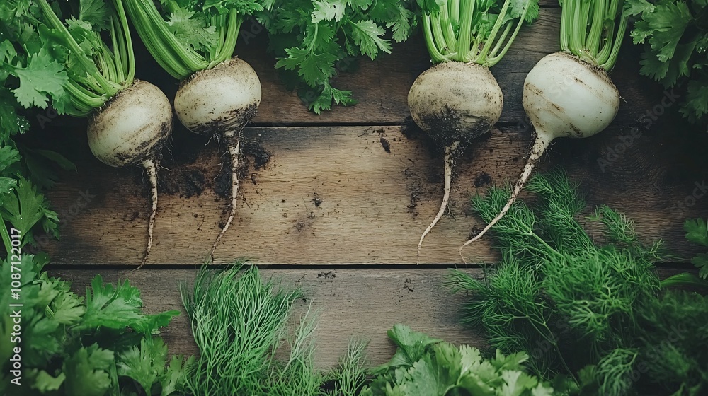 Poster freshly harvested organic beets with dirt on their roots surrounded by sprigs of dill and cilantro o