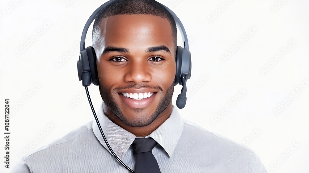 Poster friendly customer service agent with headset assisting in call center support