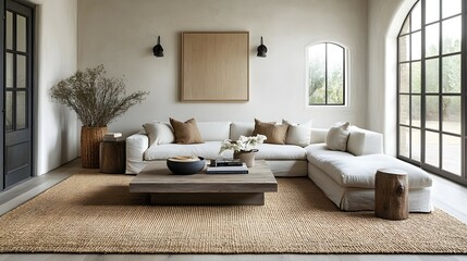 Chic Traditional Living Room Design: Textured Jute Rug, Travertine Coffee Table, and Modern Oak Floor Light in a Cozy Atmosphere