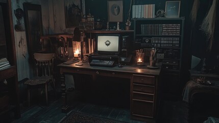 A moody gothic workspace with an antique computer, dark wood table, vintage decor, and flickering candlelight.