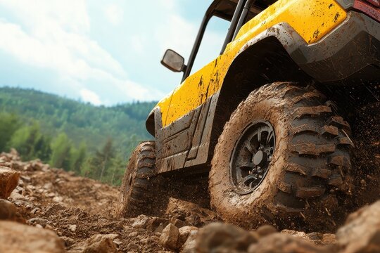ATV rollover in rugged terrain, off-road accident, 3D illustration