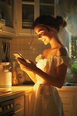 Woman Smiling Uses Phone In Kitchen Light