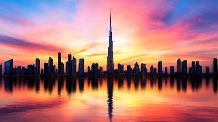 Breathtaking Urban Skyline Bathed in Vibrant Sunset Colors with Skyscrapers Reflected in Calm Waters