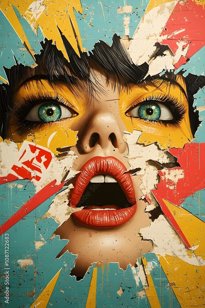 Poster hyper saturated retro pop art depiction of a woman s face with a dynamic fragmented composition text