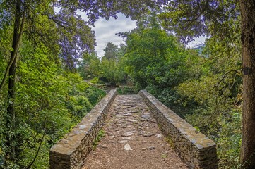 Historic stone bridge Pont du Bucatoghju in Corsica surrounded by lush greenery and natural beauty