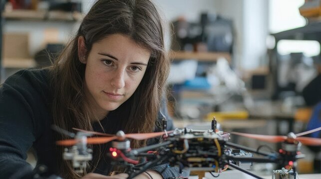 Female engineer working on a drone prototype in high-tech workshop using tools and soldering equipment focused on intricate details robotics equipment in background emphasizing innovation and skill
