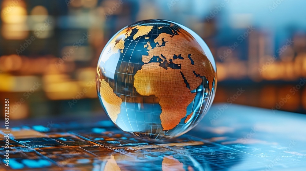 Poster transparent globe atop a map symbolizing global connections and interactions