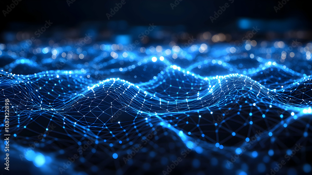Poster abstract 3d blue network mesh background with glowing points, creating a digital landscape