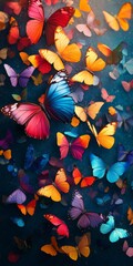 Vibrant butterflies in a kaleidoscope of colors dancing through a lively garden, creating a whimsical atmosphere of nature's beauty.