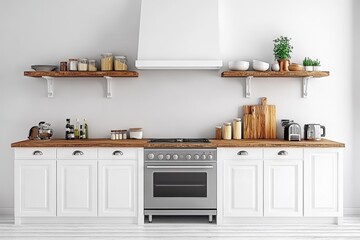 Minimalist kitchen with open shelving and only the essentials on display.