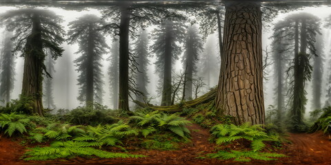 Full 360 degrees seamless spherical panorama HDRI equirectangular projection of A misty forest cloaked in ethereal fog. Texture environment map for lighting and reflection source rendering 3d scenes.