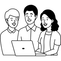 miling colleagues cooperate on laptop