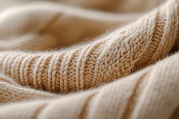 Detailed close-up view of a beige knitted fabric, showcasing exquisite patterns and textures, highlighting the craftsmanship and warmth associated with soft textiles.
