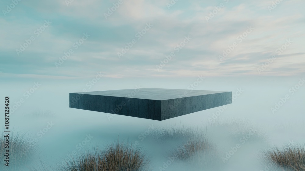 Poster a square object is floating in the air above a snowy field