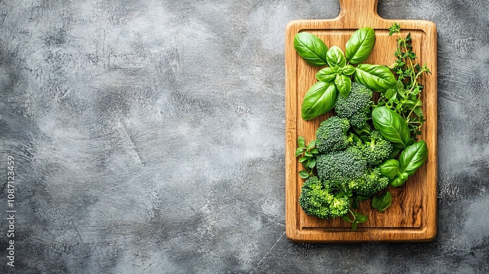 Poster bright green broccoli florets accompanied by fresh basil and thyme sprigs spread out neatly on a lig