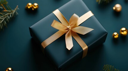 A black box with gold ribbon on top of a green background