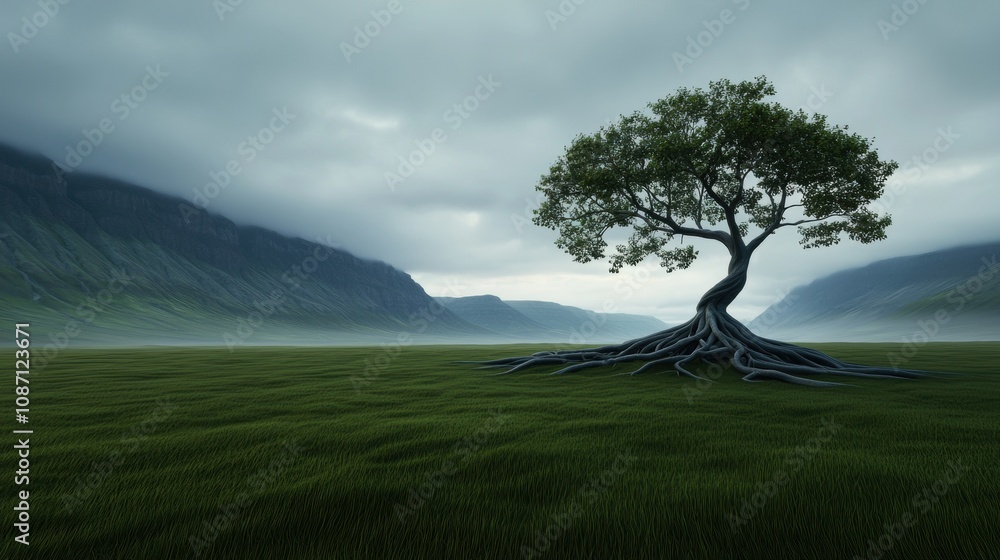 Poster a large tree stands in a grassy field with mountains in the background