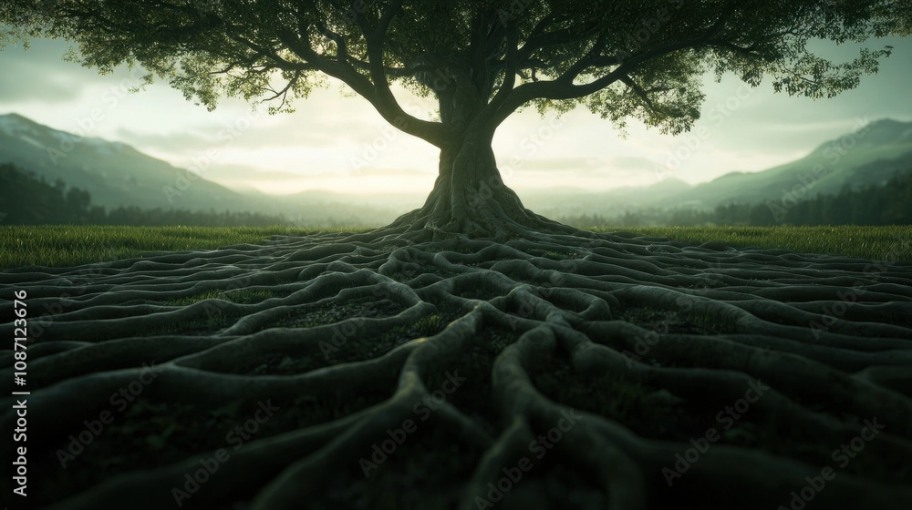 Poster a large tree with roots that are spread out in the grass