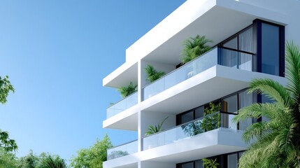 Modern apartment building with balconies and greenery.