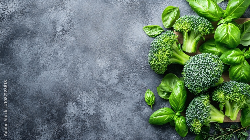 Poster bright green broccoli florets accompanied by fresh basil and thyme sprigs spread out neatly on a lig
