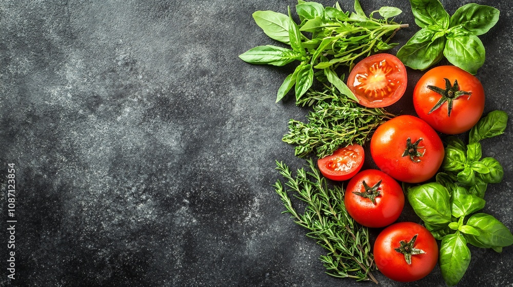 Poster an assortment of freshly picked tomatoes in various colors combined with fresh oregano and rosemary 