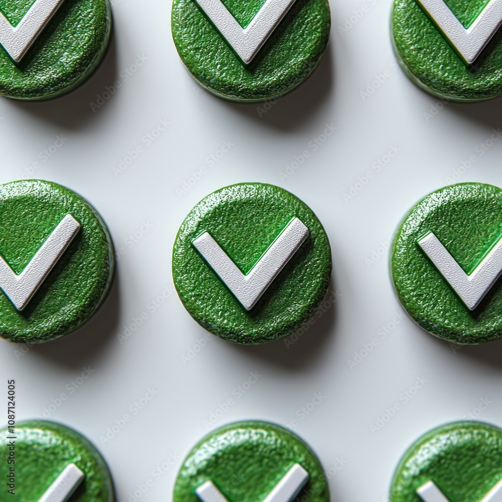 Poster top view showcases multiple sleek green approval checkmarks circular layout white background highlig