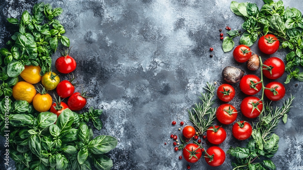 Aufkleber an assortment of freshly picked tomatoes in various colors combined with fresh oregano and rosemary 