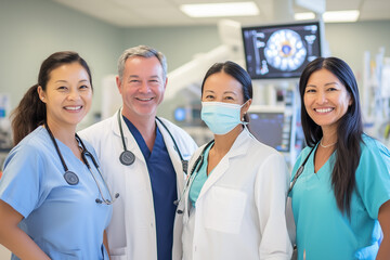 Fototapeta premium Smiling diverse medical team in hospital setting