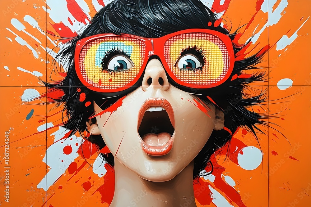 Poster retro pop art style digital of a woman with an exaggerated surprised and excited facial expression f