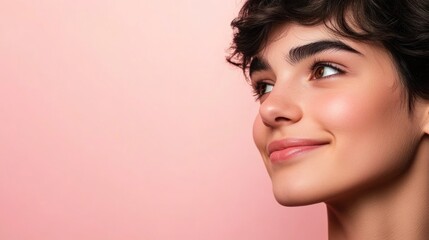 Naklejka premium A young person smiling against a soft pink background.