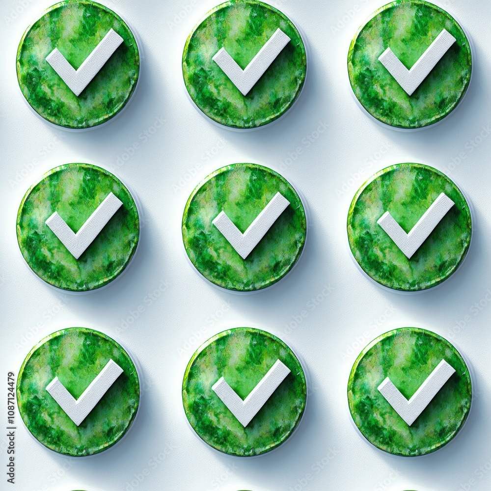 Poster collection sleek green approval checkmarks forms circular arrangement bright white backdrop creating