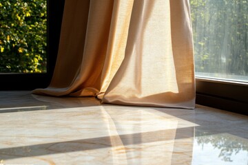 A subtle gold curtain elegantly pools onto a sleek marble floor, illuminated by the warm afternoon sun filtering through large glass windows, creating a cozy interior sanctuary.