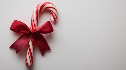 Traditional peppermint candy cane decorated with red ribbon bow, presented in minimalist holiday composition against clean white background with professional lighting.
