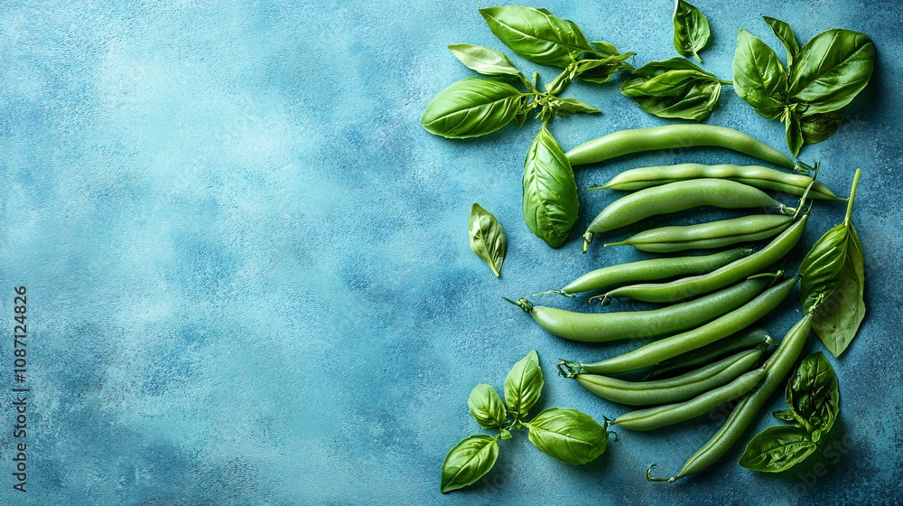 Poster fresh green beans arranged neatly with sprigs of tarragon and basil on a pastel-colored surface with