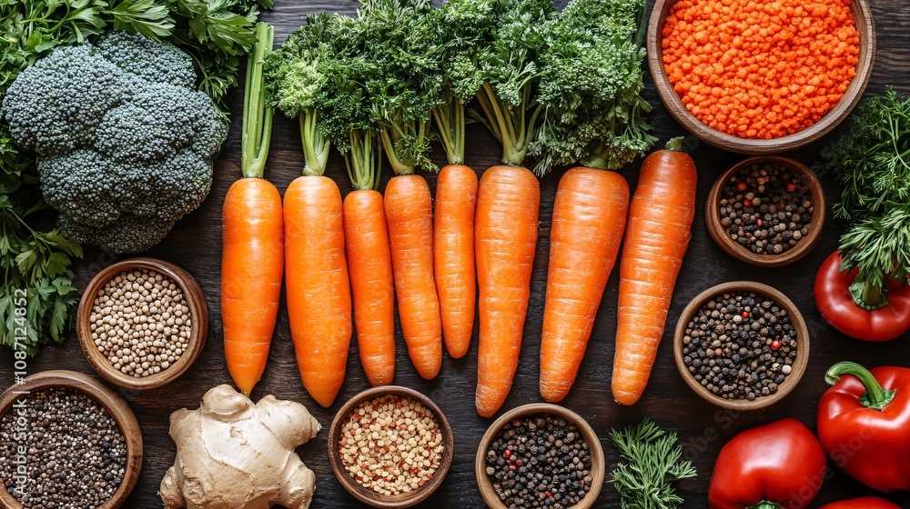 Poster a flat-lay of organic vegetables including carrots broccoli and bell peppers with clusters of fresh 