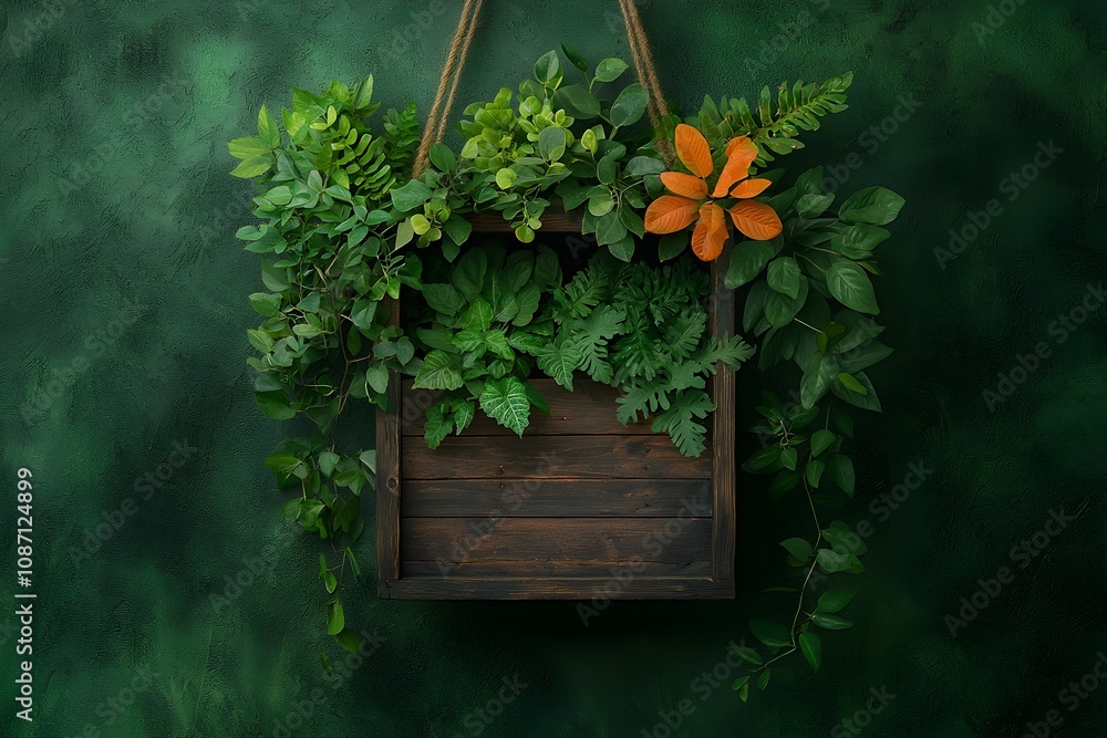 Poster rustic wooden planter box overflowing with a thriving array of houseplants lush greenery and cascadi