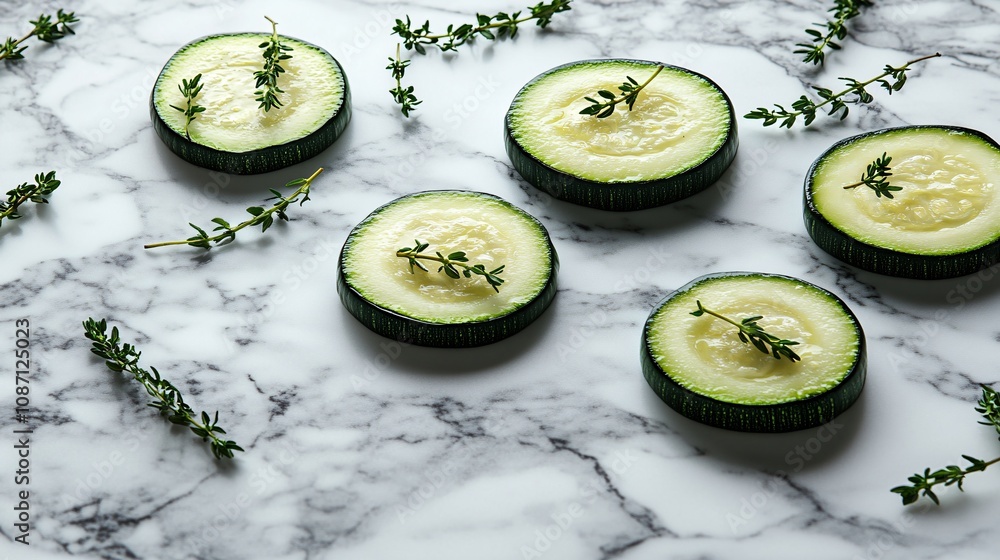 Poster Close-up of freshly cut zucchini rounds with thyme sprigs scattered around on a white marble background with side empty space for text Stockphoto style