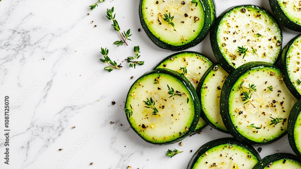 Poster close-up of freshly cut zucchini rounds with thyme sprigs scattered around on a white marble backgro