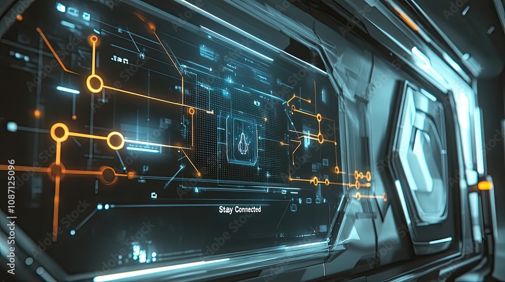 Poster futuristic interface display with orange and blue lines and text 